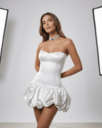 Ivory Mini Dress by Lauven, strapless bodycon dress with balloon skirt, perfect for elegant occasions.