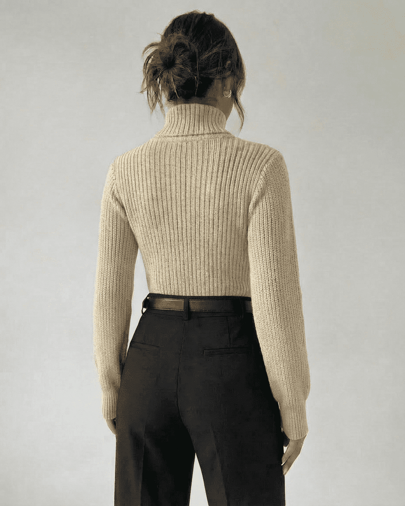 Ivory Sweater by Lauven, showcasing the back view with a structured mock neck and ribbed knit design.