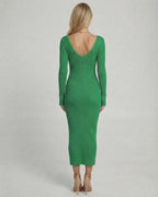 Ivy Midi Dress by Lauven, elegant green ribbed knit dress featuring a chic backless design and V-neckline.