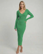 Ivy Midi Dress by Lauven in vibrant green ribbed fabric, featuring a V-neckline, long sleeves, and slim-fit design.