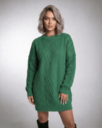 Ivy Mini Dress by Lauven in emerald green cable knit, featuring a relaxed fit and dropped long sleeves.
