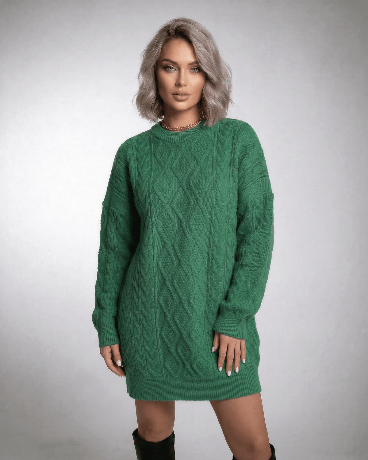Ivy Mini Dress by Lauven in emerald green cable knit, featuring a relaxed fit and dropped long sleeves.