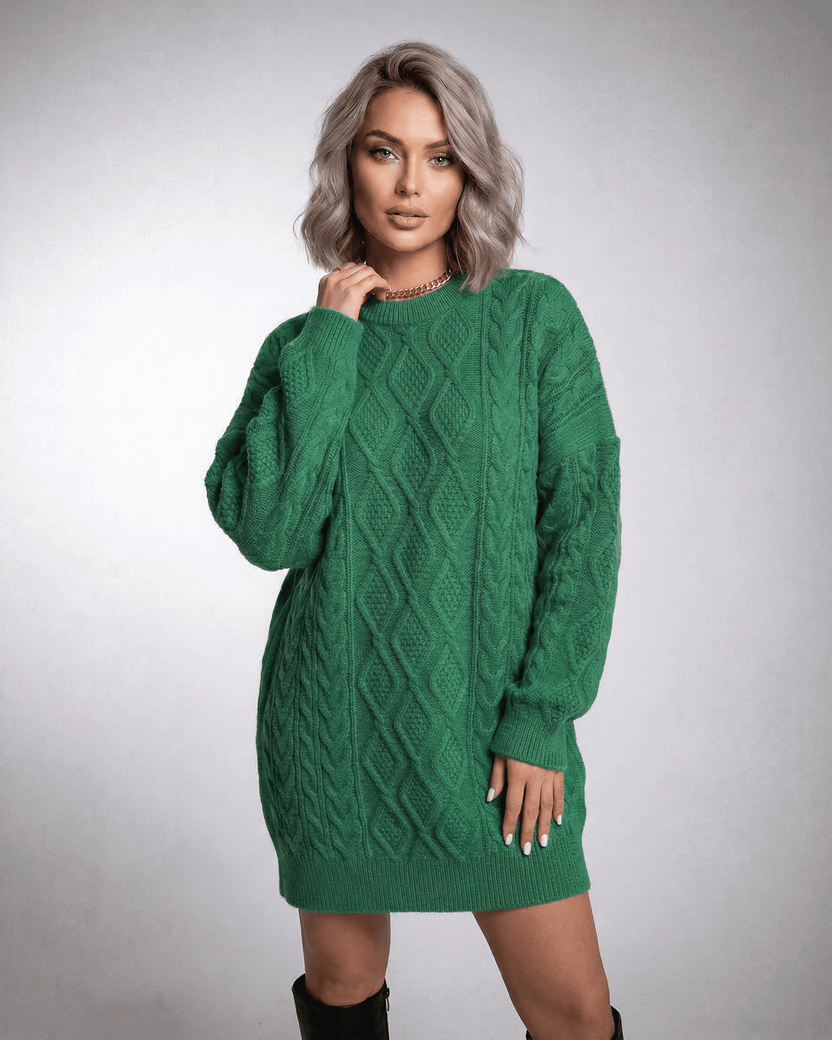 Ivy Mini Dress by Lauven in emerald green cable knit, featuring a loose fit and dropped long sleeves.