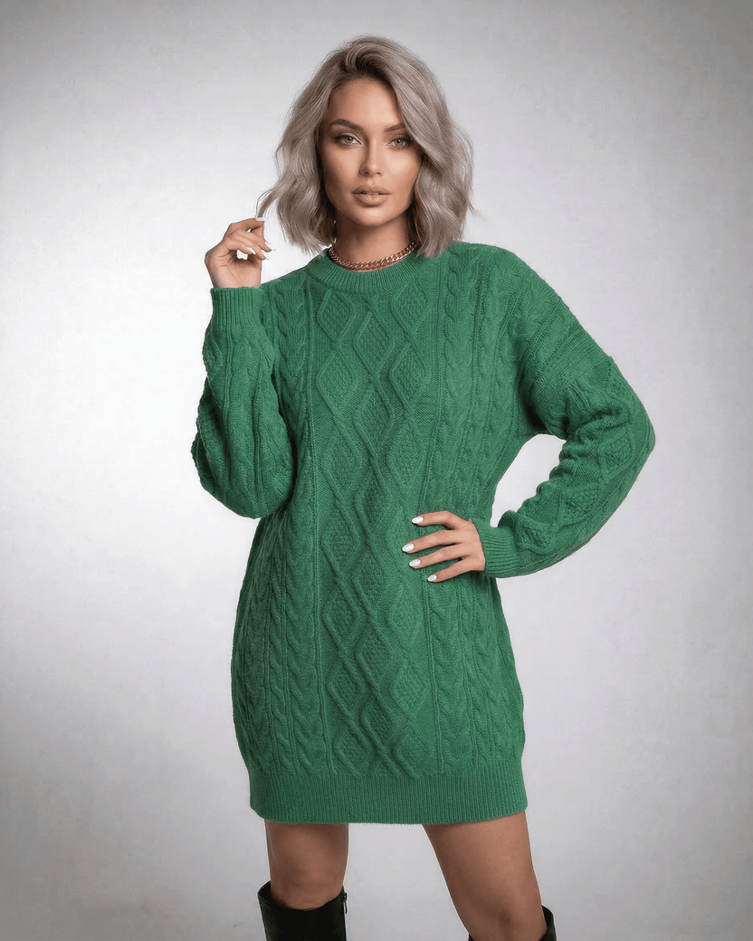 Ivy Mini Dress in emerald green cable knit by Lauven, featuring a relaxed fit and dropped long sleeves.