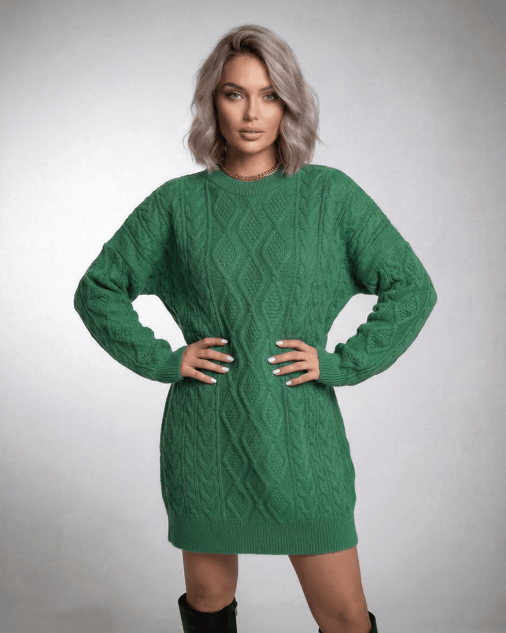 Ivy Mini Dress by Lauven in emerald green cable knit with a relaxed silhouette and dropped long sleeves.