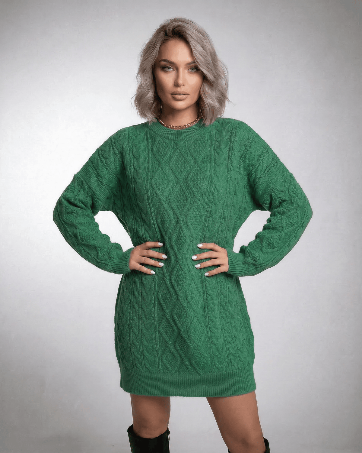 Ivy Mini Dress by Lauven in emerald green cable knit with a relaxed silhouette and dropped long sleeves.