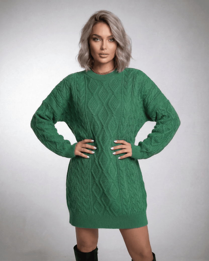 Ivy Mini Dress by Lauven in emerald green cable knit with a relaxed silhouette and dropped long sleeves.