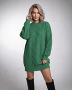 Lauven Ivy Mini Dress in emerald green cable knit, featuring a relaxed silhouette and long sleeves.