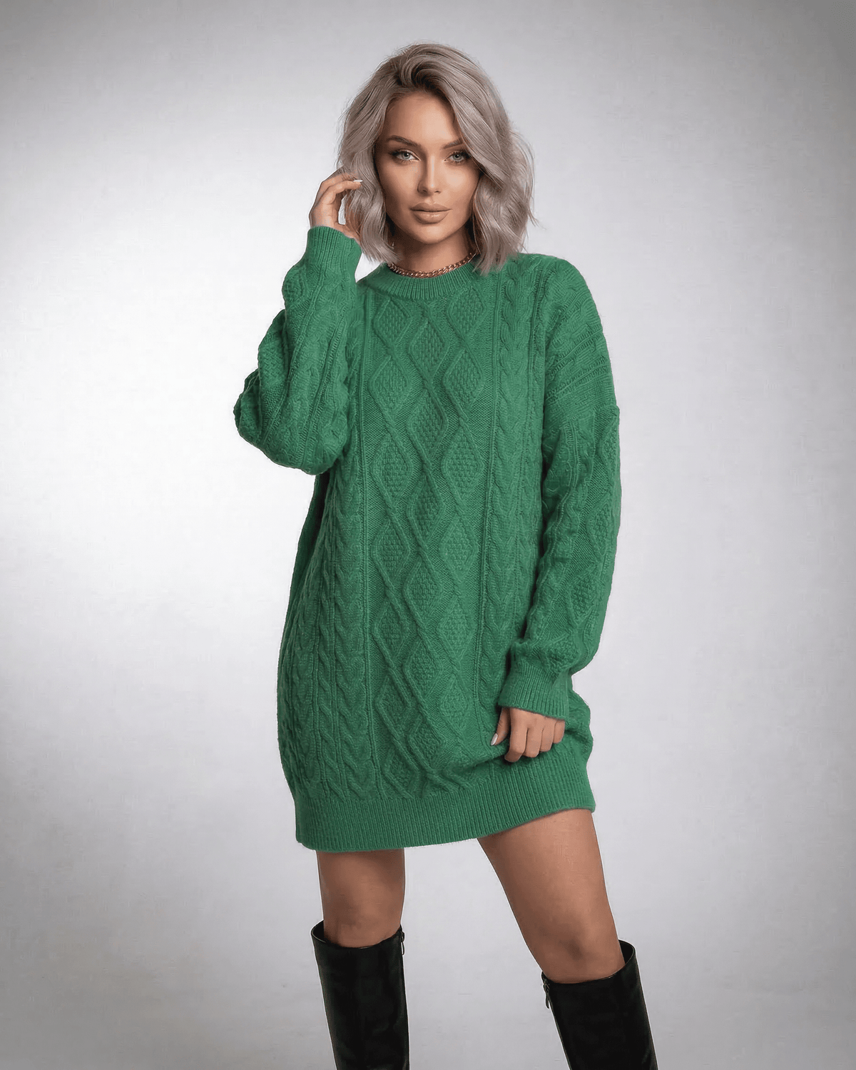 Lauven Ivy Mini Dress in emerald green cable knit, featuring a relaxed silhouette and long sleeves.