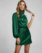 Jade Mini Dress by Lauven, featuring a one-shoulder design and luxurious satin finish in a striking green color.