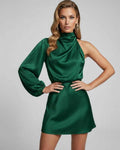 Jade Mini Dress by Lauven in elegant satin finish with one-shoulder design and asymmetrical silhouette.
