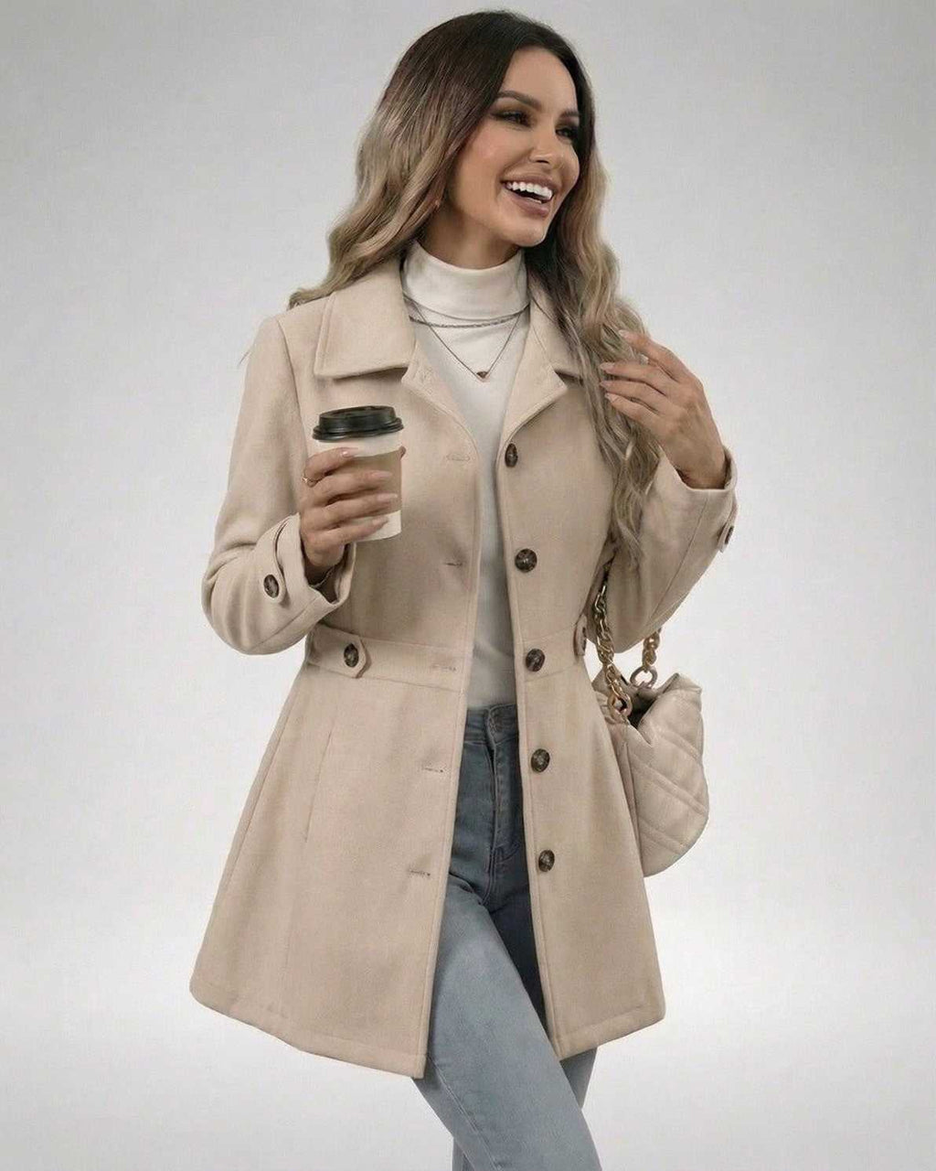 Woman wearing the Latte Sculpt Jacket by Lauven, a beige slim fit jacket, holding a coffee cup.