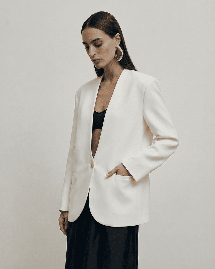 Alba Blazer by Lauven, fitted white tailored blazer with V-neckline and structured shoulders.