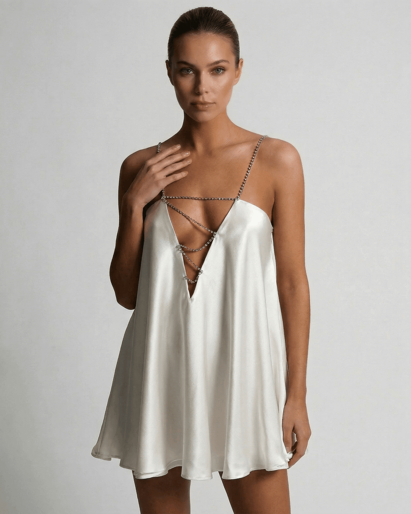 Alba Mini Dress by Lauven - Elegant satin A-line dress with rhinestone accents in classic ivory shade.