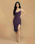 Amethyst Midi Dress by Lauven featuring a sleek bodycon fit and cowl neck design, perfect for evening wear.