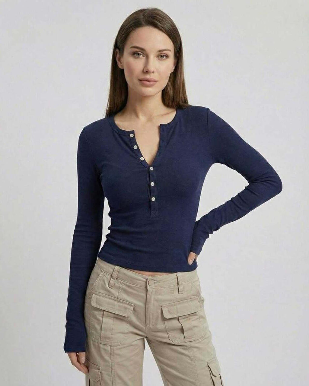 Arden Long Sleeve – Lauven Women’s navy blue top with slim fit viscose design and half-open neckline.