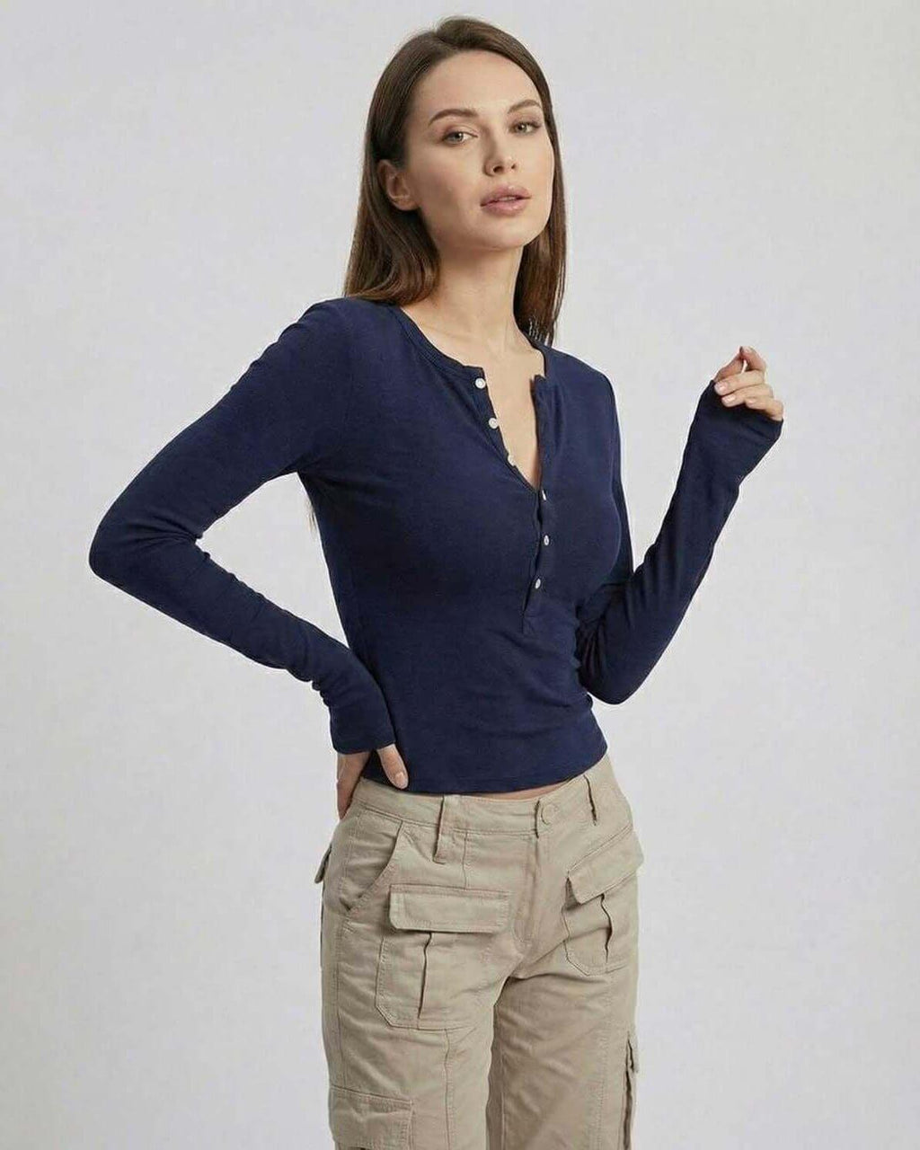 Arden Long Sleeve – Women’s navy blue long sleeve top by Lauven with slim fit and button placket.