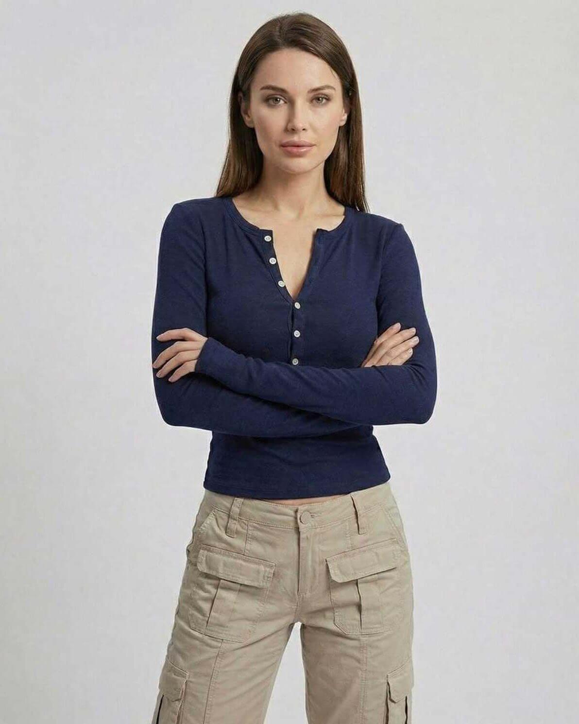 Arden Long Sleeve – Women’s Navy Blue Long Sleeve Top by Lauven with Slim Fit Viscose Design