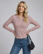 Arden Long Sleeve - Women's Henley Top in Dusty Rose by Lauven, features button placket and textured finish.