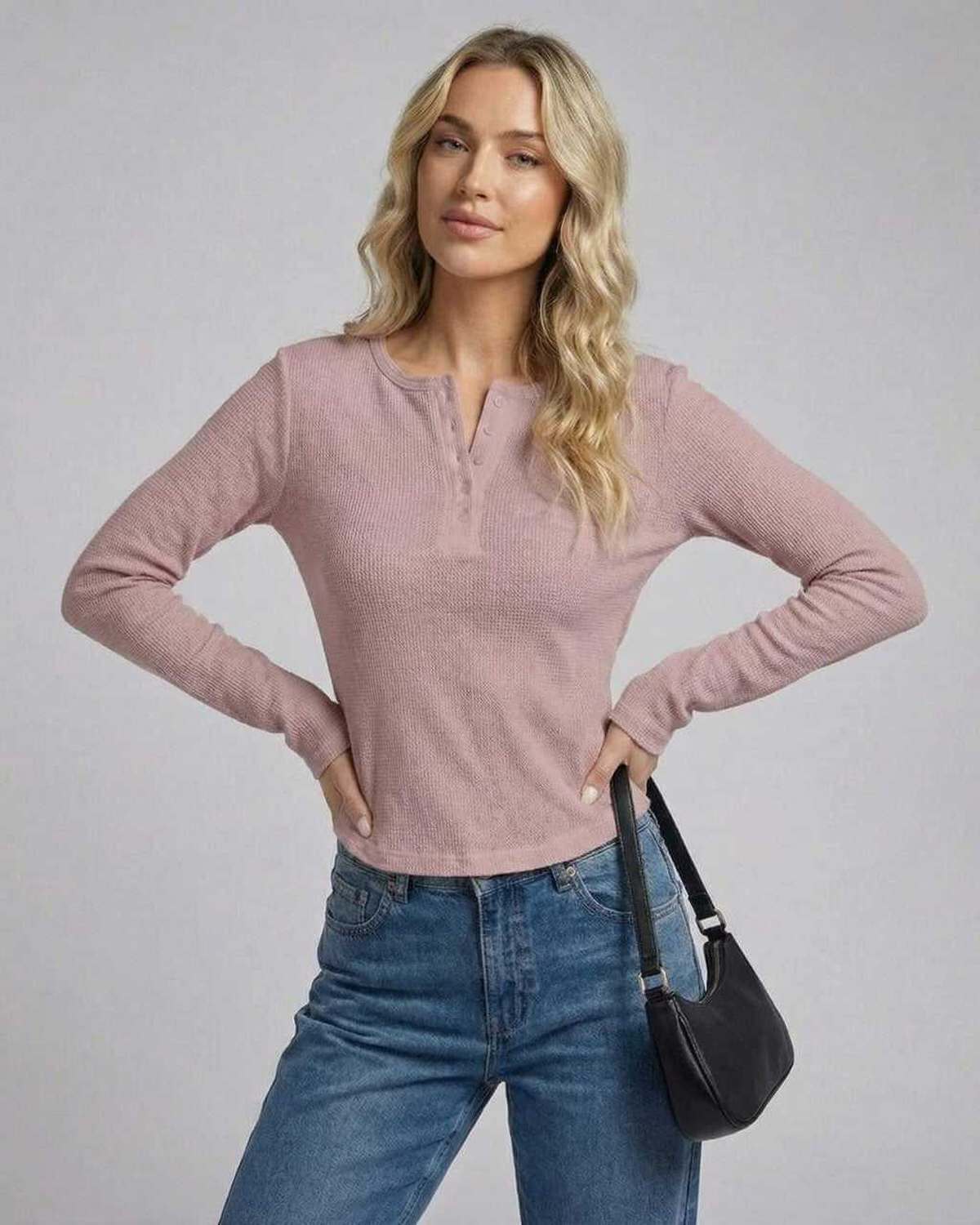 Arden Long Sleeve - Women's Henley Top in Dusty Rose by Lauven, features button placket and textured finish.
