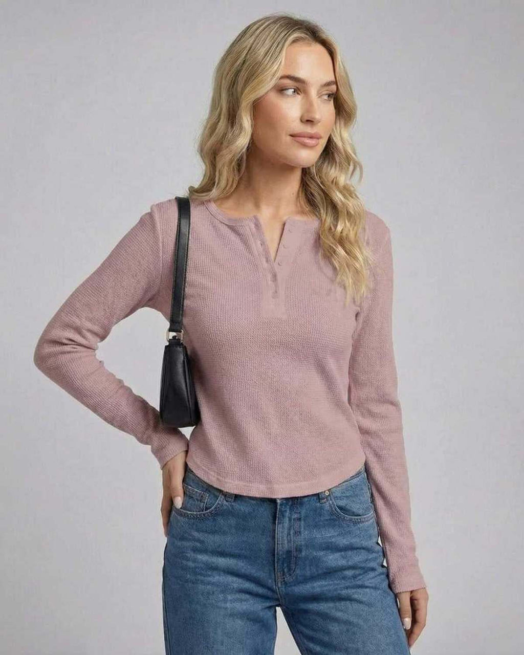 Arden Long Sleeve - Women's long sleeve Henley top by Lauven in dusty rose, featuring a classic button placket.
