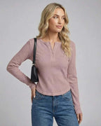 Arden Long Sleeve - Women's long sleeve Henley top by Lauven in dusty rose, featuring a classic button placket.