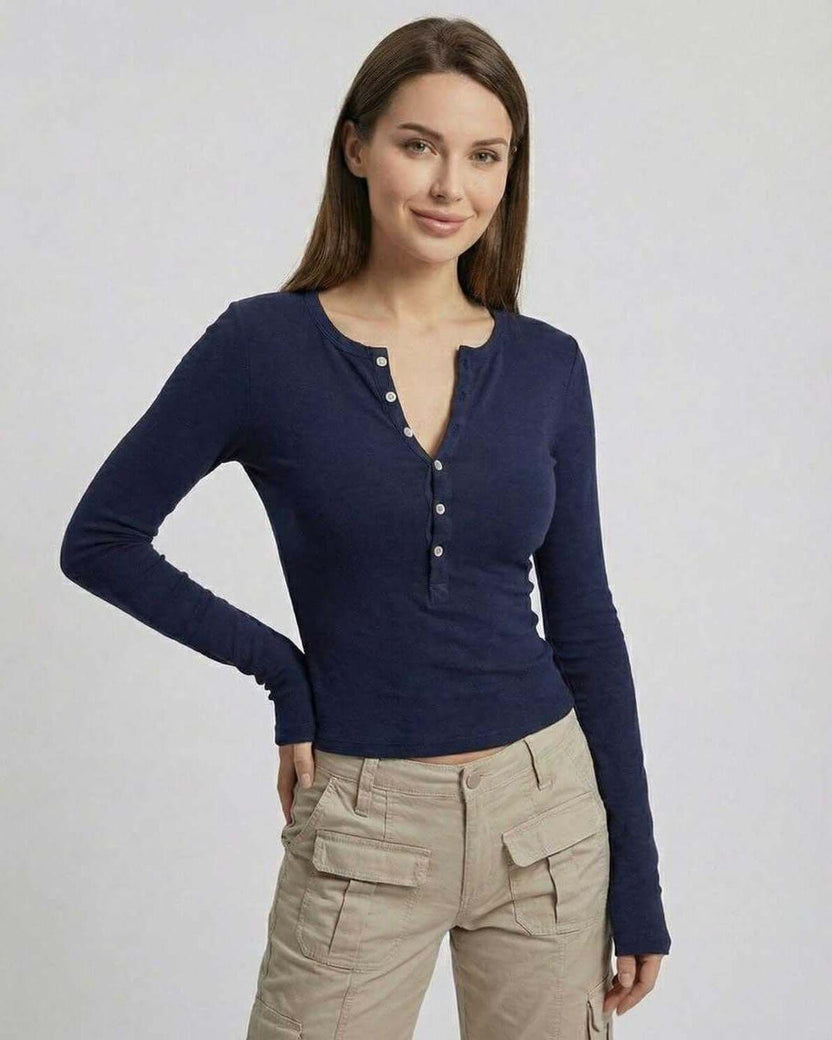 Arden Long Sleeve – Lauven women’s navy blue long sleeve top with slim fit and half-open neckline.
