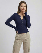 Arden Long Sleeve – Women’s Navy Blue Long Sleeve Top by Lauven with slim fit and button placket design.
