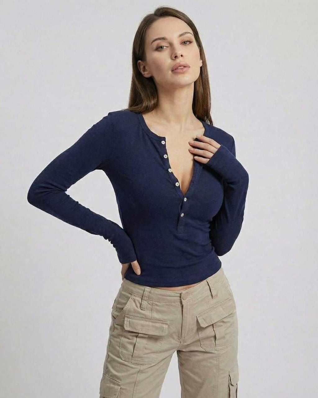 Arden Long Sleeve – Women’s Navy Blue Long Sleeve Top by Lauven with Slim Fit and Button Placket