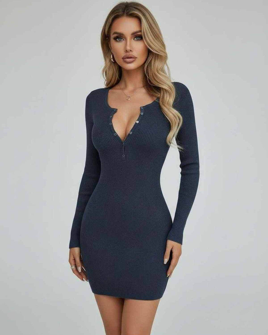 Arden Mini Dress by Lauven, ribbed long sleeve bodycon mini dress in deep navy with button front.