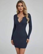 Arden Mini Dress by Lauven, ribbed long sleeve bodycon mini dress in deep navy with button front.