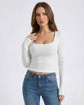 Arden Pullover by Lauven - Women’s White Ribbed U-Neck Long Sleeve Pullover Sweater showcasing a sleek silhouette.