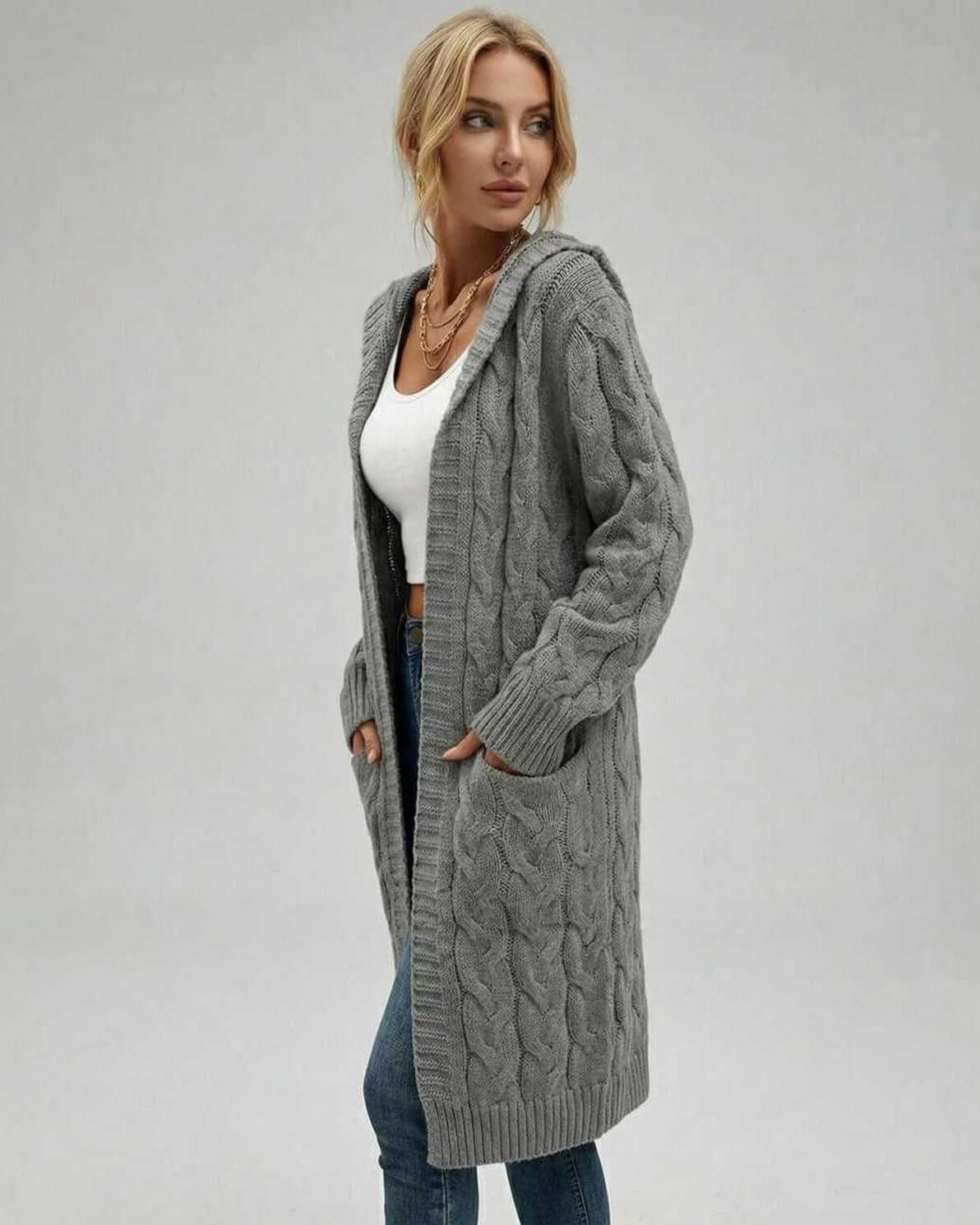 Aspen Cardigan by Lauven - Women's cable knit cardigan sweater in grey, perfect for fall and winter layering.