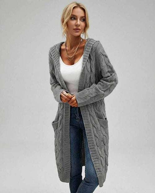 Aspen Cardigan by Lauven - Women’s Cable Knit Cardigan Sweater in Grey, perfect for layering in fall and winter.