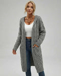 Aspen Cardigan by Lauven – Women’s cable knit cardigan sweater in gray, perfect for fall and winter layering.