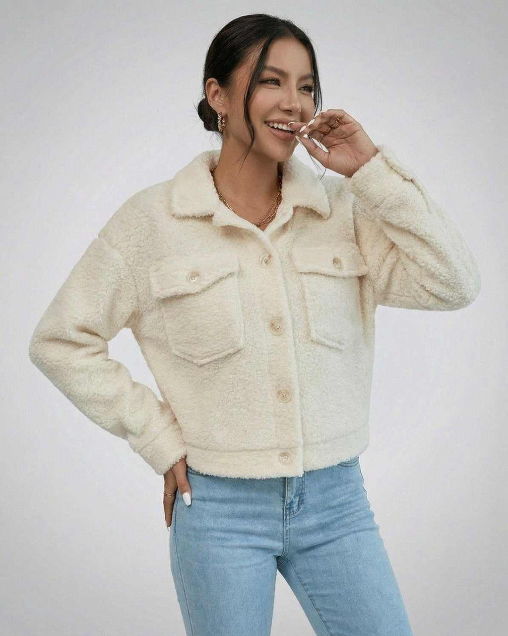 Aspen Jacket by Lauven – Women’s Faux Fur Jacket with Lapel Collar in cream color, showcasing a stylish design.