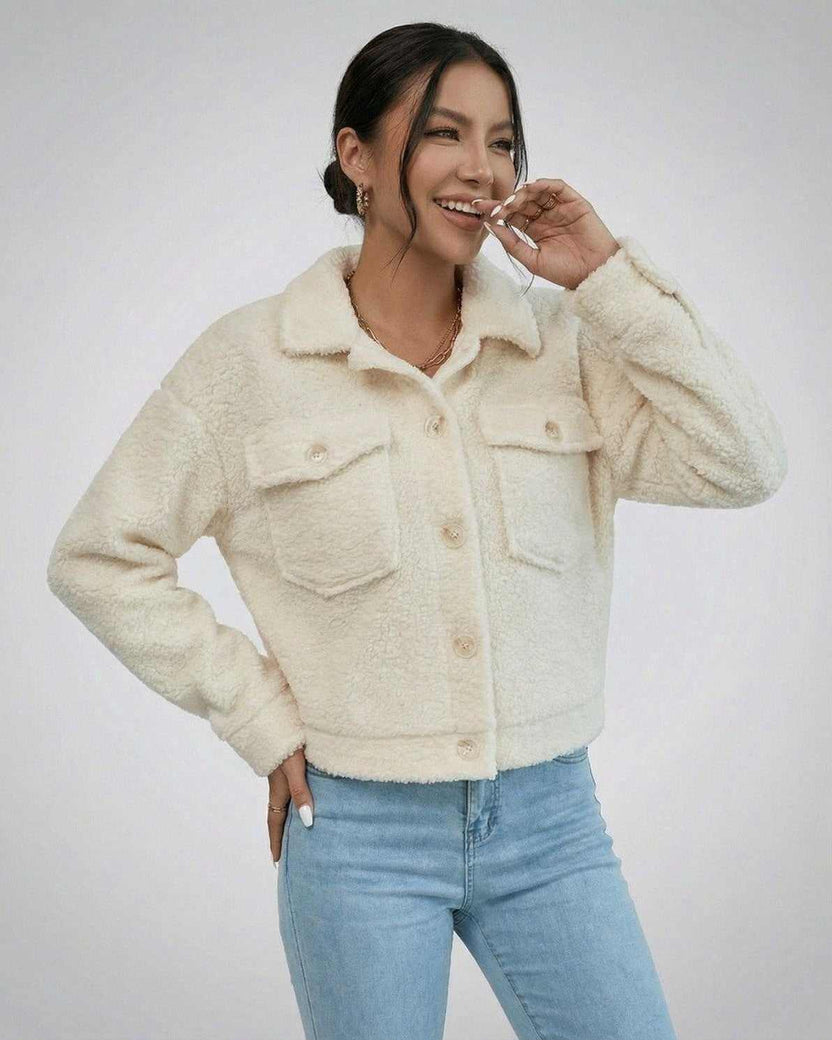 Aspen Jacket by Lauven – Women’s Faux Fur Jacket with Lapel Collar in cream color, showcasing a stylish design.