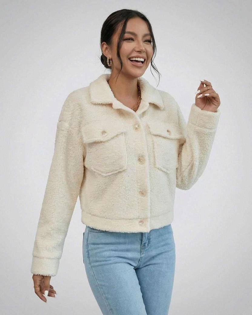 Aspen Jacket by Lauven – Women’s faux fur jacket with lapel collar in cream, perfect for stylish cold-weather layering.