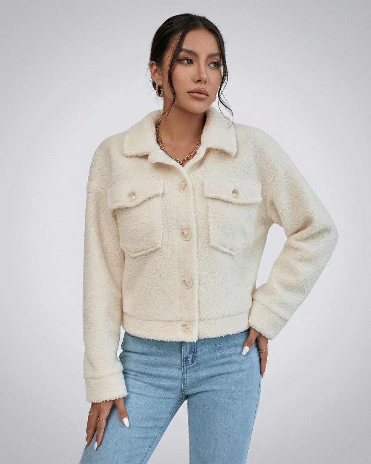 Aspen Jacket by Lauven – Women's faux fur jacket with lapel collar in cream, perfect for stylish winter layering.