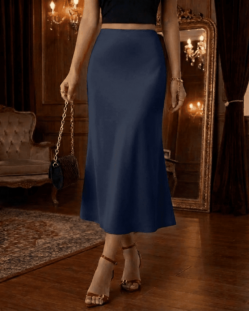 Astra Midi Skirt by Lauven, elegant satin mermaid midi skirt in deep navy blue, enhancing a sophisticated silhouette.