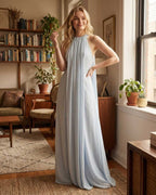Aurelia Maxi Dress by Lauven - Light Blue Halter Neck Sleeveless Dress with Relaxed Fit and Flowing Silhouette.