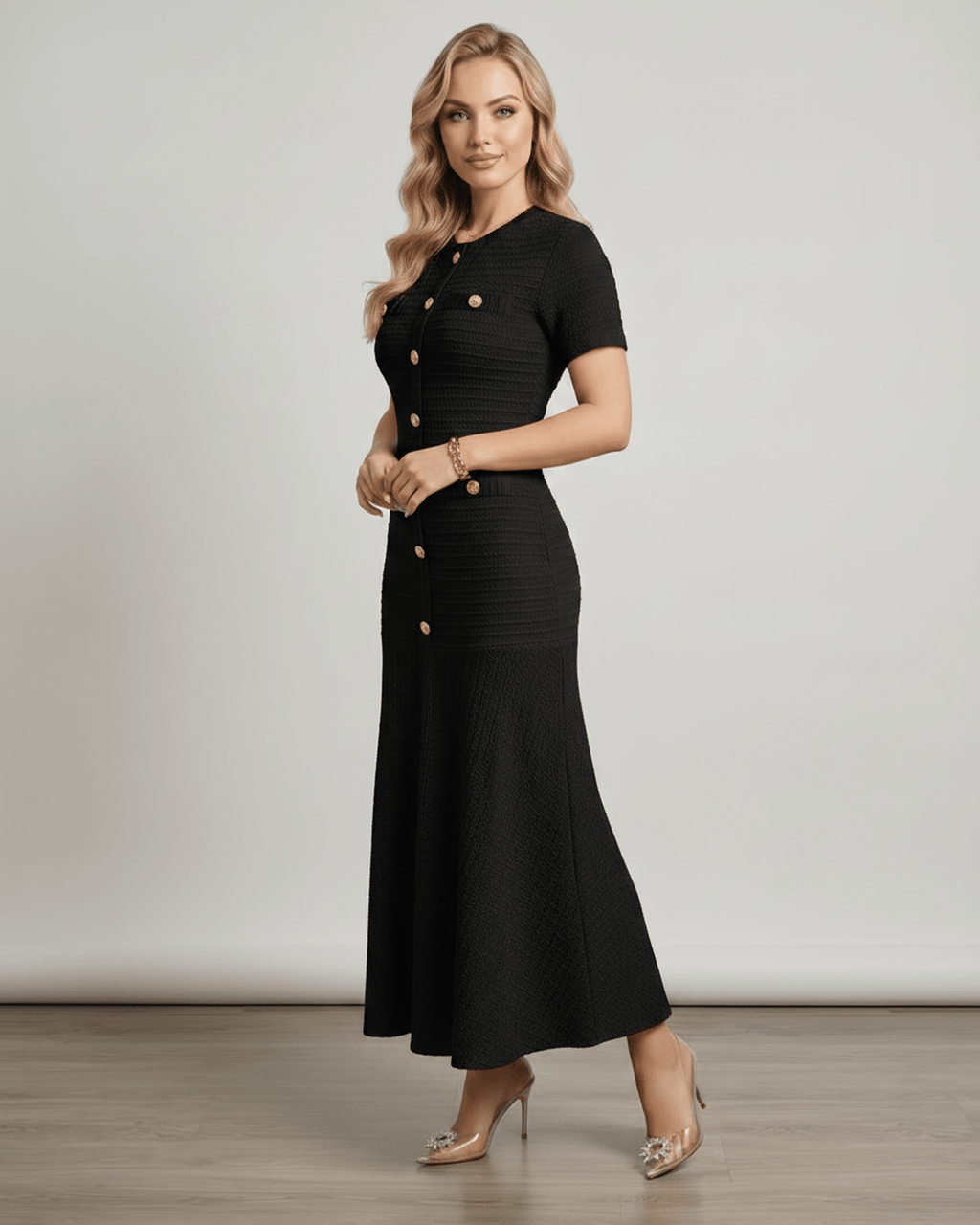 Aureline Maxi Dress from Lauven, textured knit, round neck, softly contoured silhouette, gently flared hem, sophisticated style.
