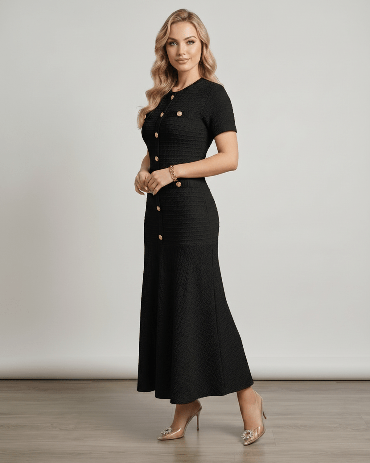 Aureline Maxi Dress from Lauven, textured knit, round neck, softly contoured silhouette, gently flared hem, sophisticated style.