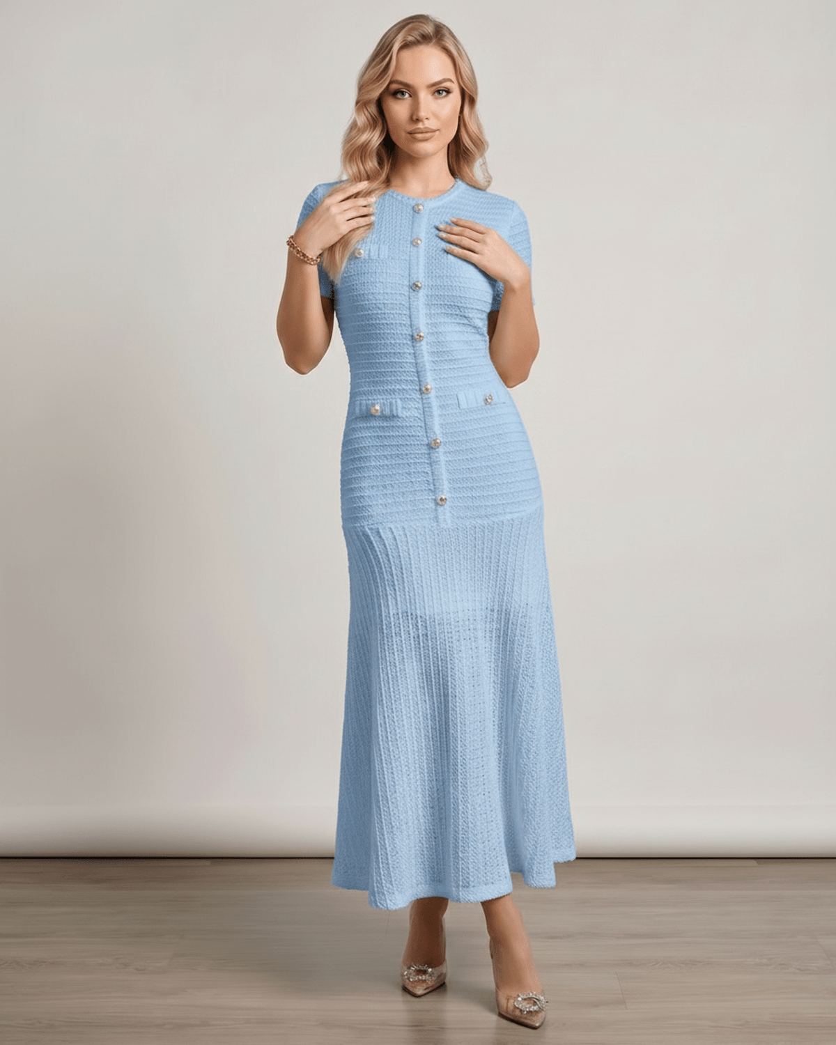 Aureline Maxi Dress in light blue knit, featuring a round neck, button details, and flared hem, by Lauven.