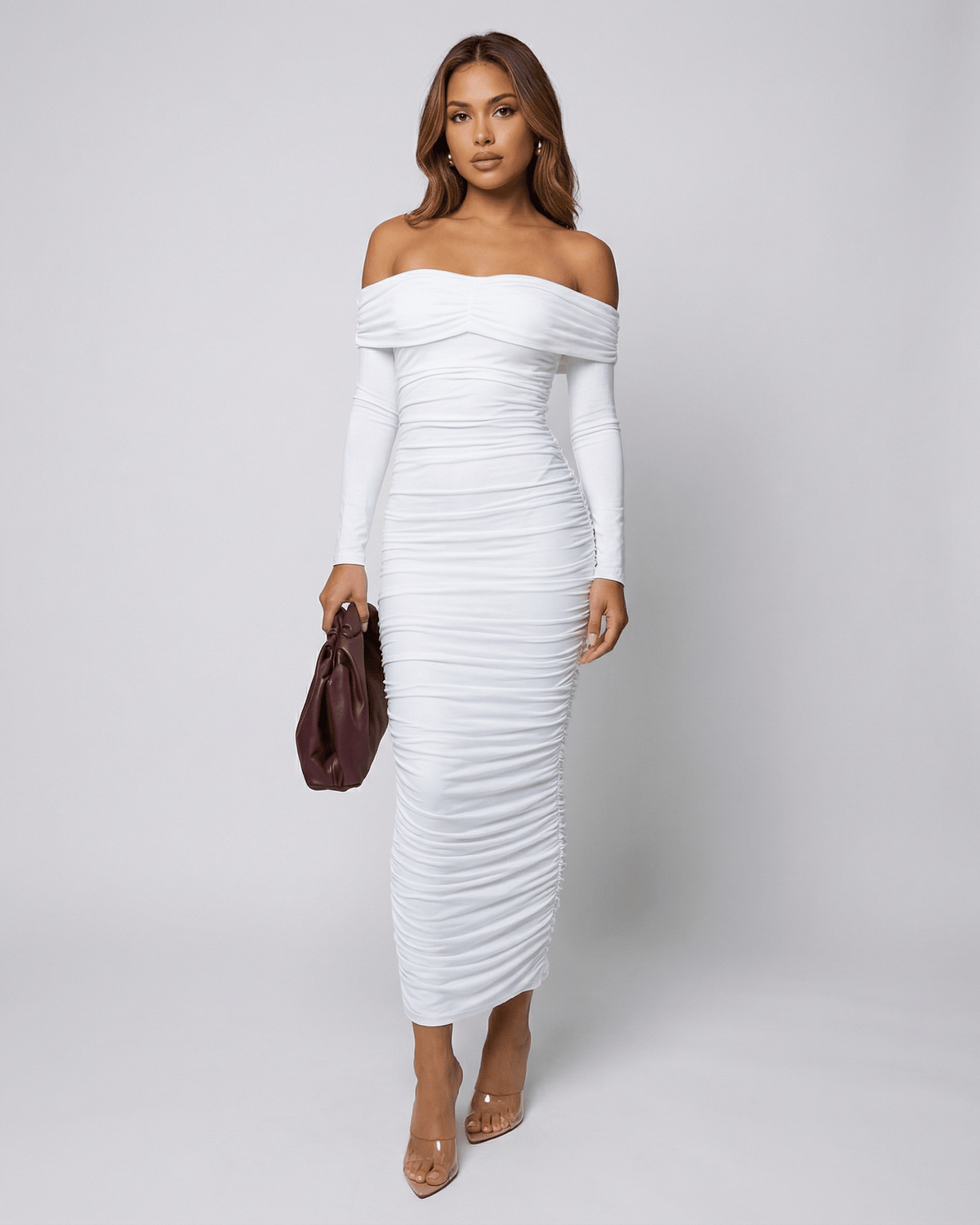 Auriel Midi Dress by Lauven, off-the-shoulder ruched white midi dress, showcasing elegant sophistication.
