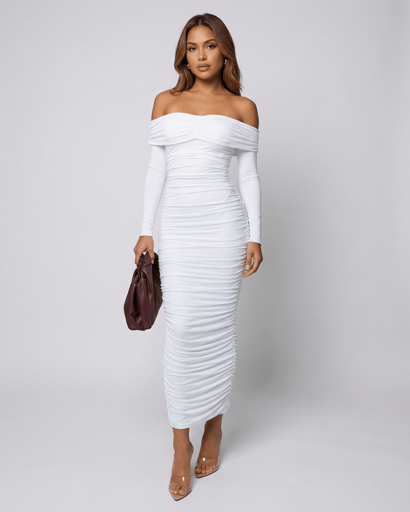 Auriel Midi Dress by Lauven, off-the-shoulder ruched white midi dress, showcasing elegant sophistication.