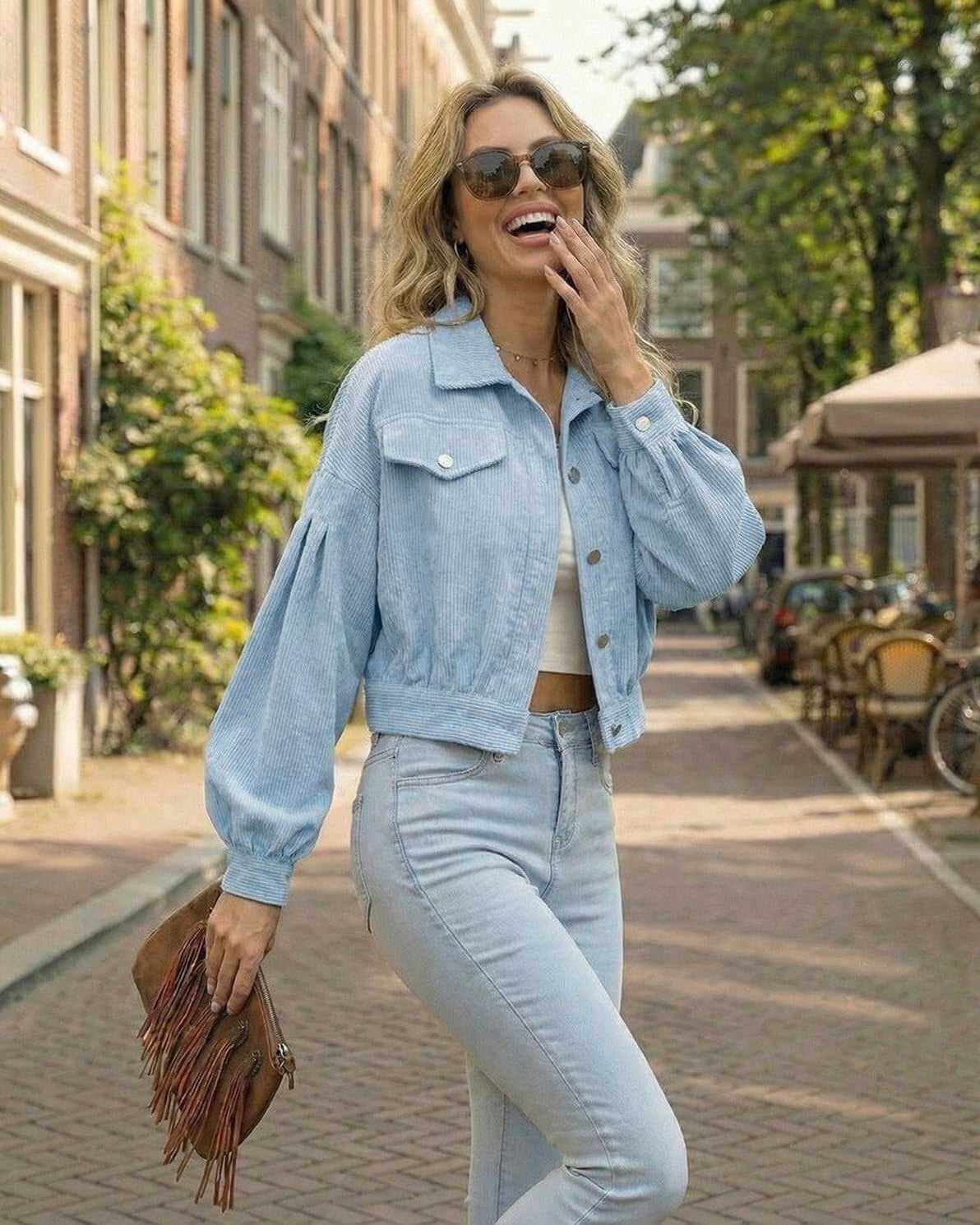 Aurora Jacket by Lauven - Women’s Blue Cropped Jacket with Lantern Sleeves, perfect for seasonal layering.