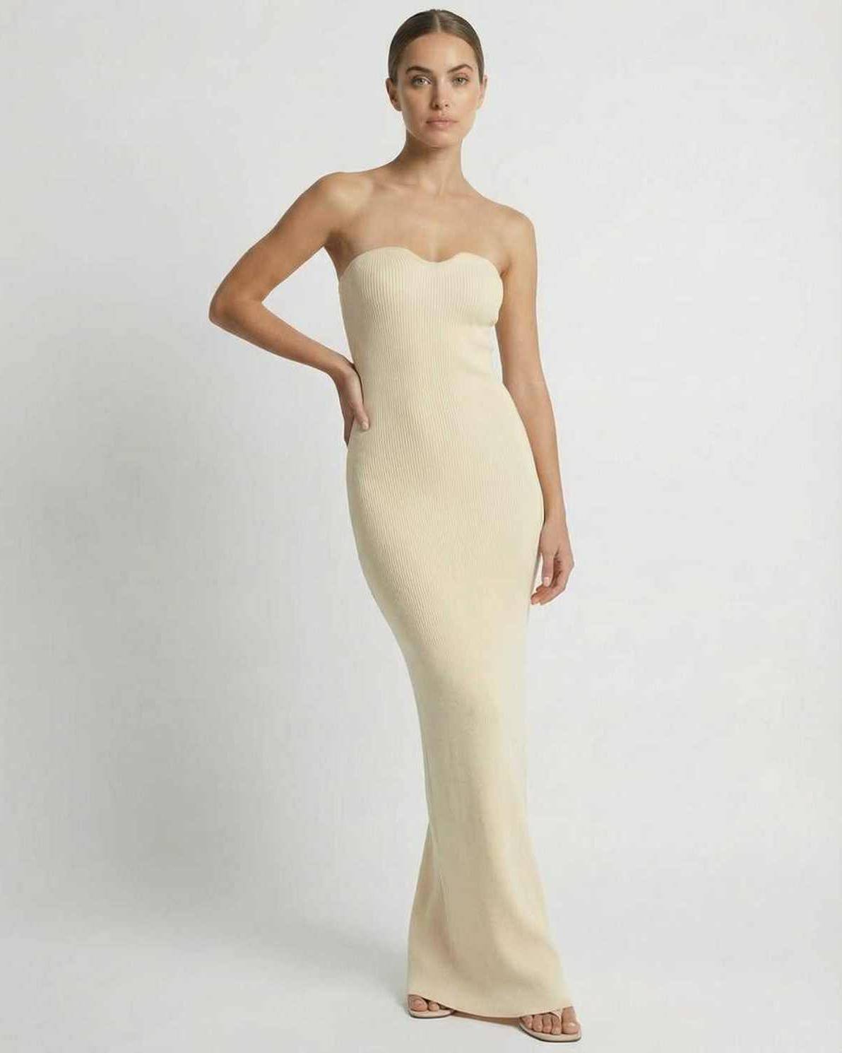 Aurora Maxi Dress by Lauven, strapless slim fit ankle-length dress in soft fabric, perfect for elegant occasions.