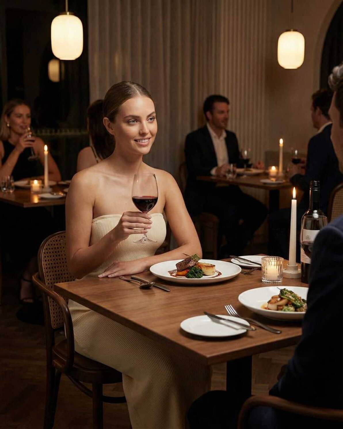 Model wearing Aurora Maxi Dress by Lauven, enjoying dinner with a glass of wine in a chic restaurant setting.