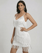 Aurora Mini Dress by Lauven featuring fringe detailing and V-neck silhouette in a sleeveless design.